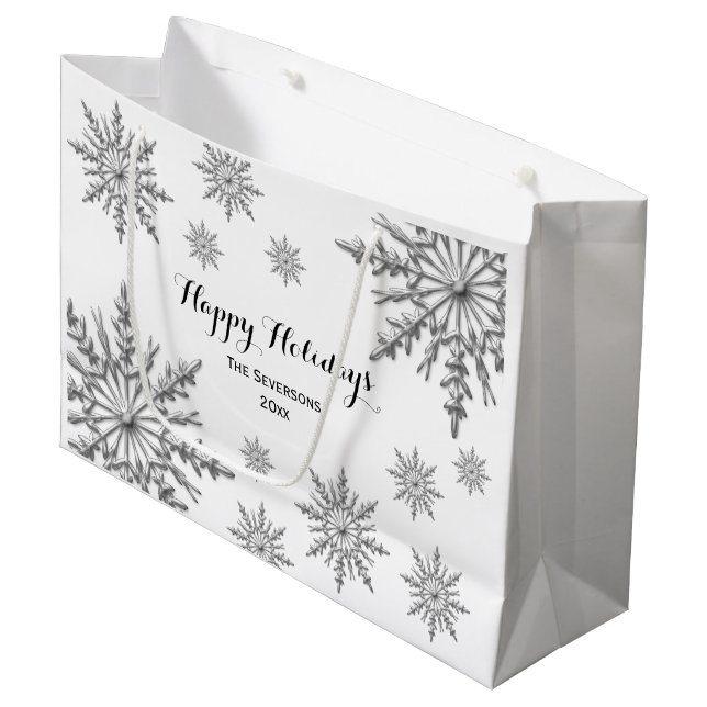 Grand Sac Cadeau Flocons de neige argentés d'hiver de Faux bonnes (Devant Angle)