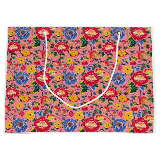 Grand Sac Cadeau Floral Chinoiserie rose vif