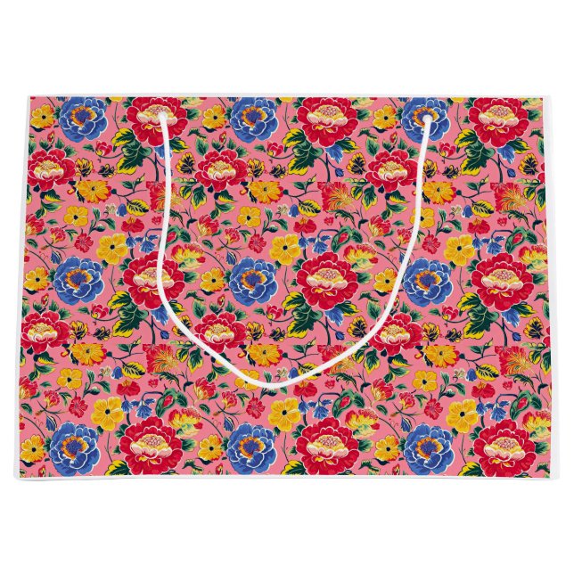 Grand Sac Cadeau Floral Chinoiserie rose vif (Devant)