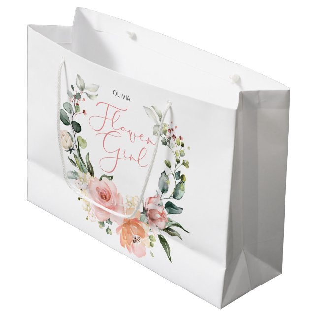 Grand Sac Cadeau Floral Flower Girl rose Aquarelle Mariage (Devant Angle)