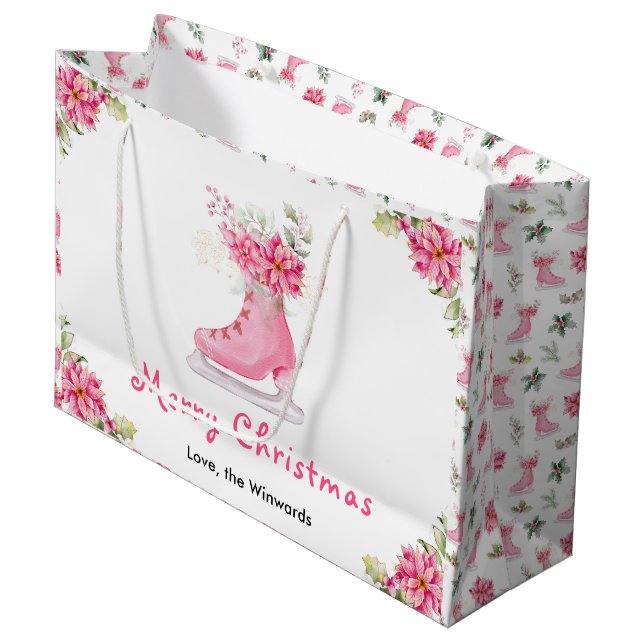 Grand Sac Cadeau Floral Ice Skate Pink Merry Christmas (Devant Angle)