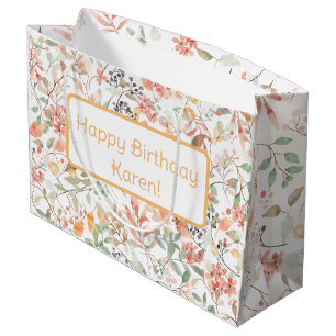 Grand Sac Cadeau Floral Orange vert et rose Personnalisé Joyeux ann