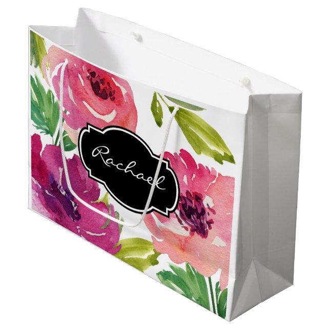 Grand Sac Cadeau Flore à aquarelle tendance avec nom (Devant Angle)
