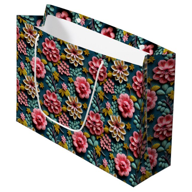 Grand Sac Cadeau Flore rose emboussée (Devant Angle)