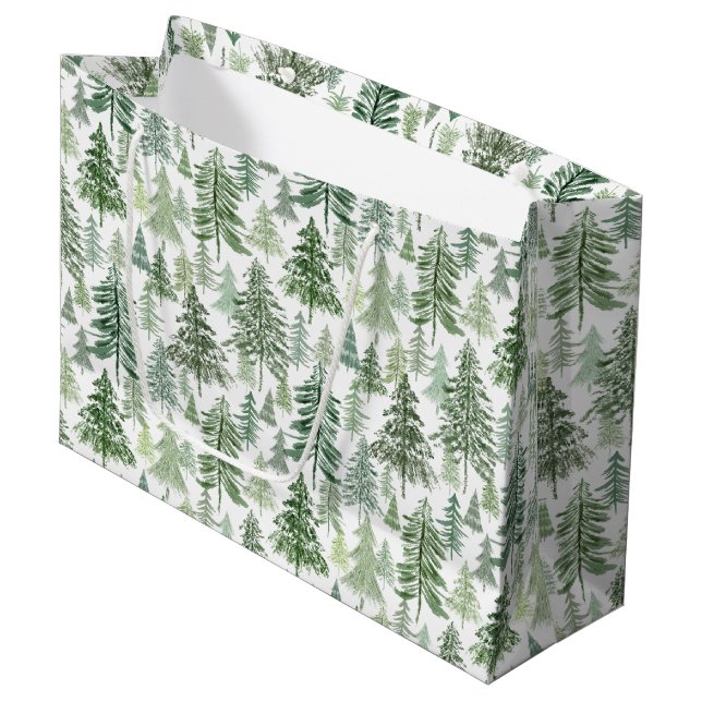 Grand Sac Cadeau Forêt rustique d'arbres de Noël à Sage Green (Devant Angle)