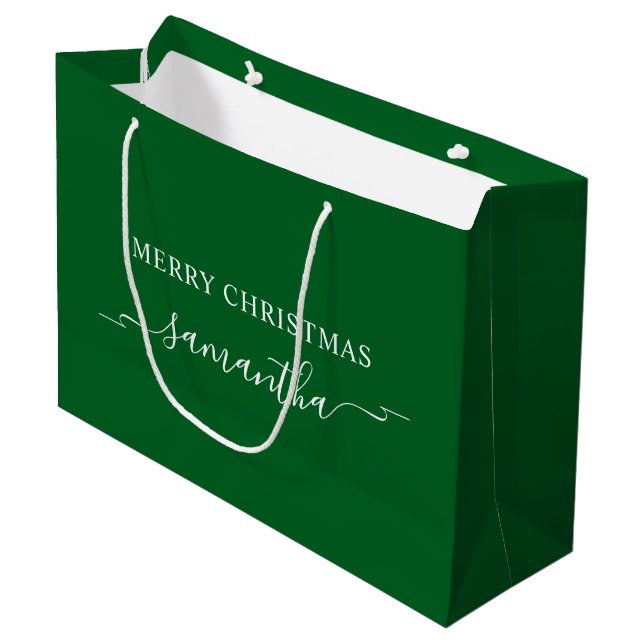Grand Sac Cadeau Forêt vert et blanc Joyeux Noël Nom du ruban (Devant Angle)
