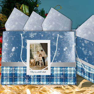 Grand Sac Cadeau Foto Joyeux Noël Élégant Bleu 