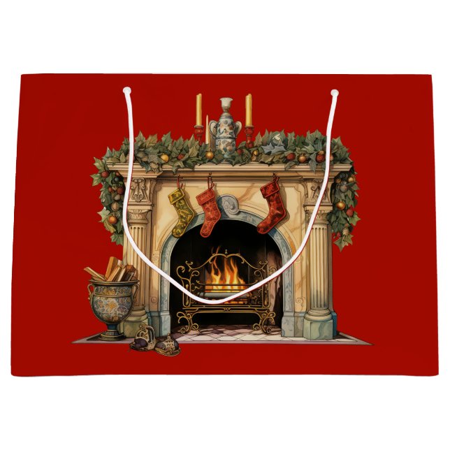 Grand Sac Cadeau Foyer victorien cosy Noël (Devant)