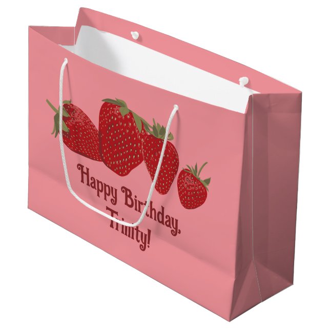 Grand Sac Cadeau Fraises rouges et roses sur mesure (Devant Angle)
