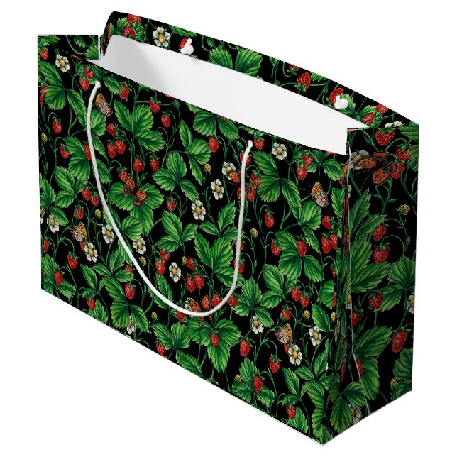 Grand Sac Cadeau Fraises sauvages sur le noir (Dos Angle)