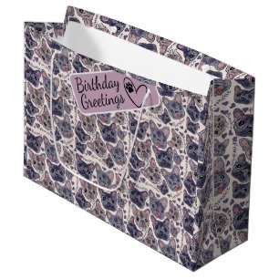 Grand Sac Cadeau Français Bulldog Cartoon Tête un motif transparent