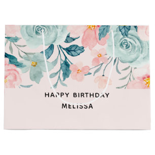 Grand Sac Cadeau Frontière rose et verte Florale Anniversaire