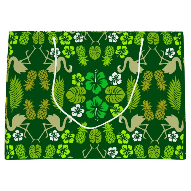 Grand Sac Cadeau Fruits tropicaux floraux verts (Devant)