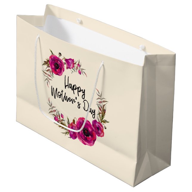 Grand Sac Cadeau Fuchsia Poppies Floral Wreath Bonne fête des mères (Devant Angle)