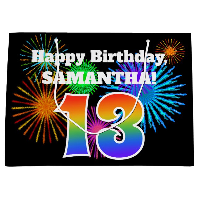 Grand Sac Cadeau Fun Fireworks + Rainbow Motif "13" Anniversaire # (Devant)