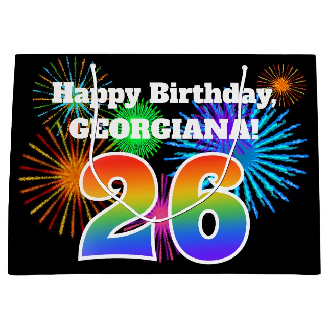 Grand Sac Cadeau Fun Fireworks + Rainbow Motif "26" Anniversaire # (Devant)