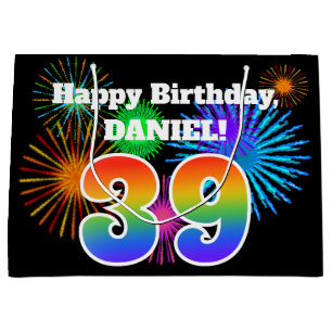 Grand Sac Cadeau Fun Fireworks + Rainbow Motif "39" Anniversaire #