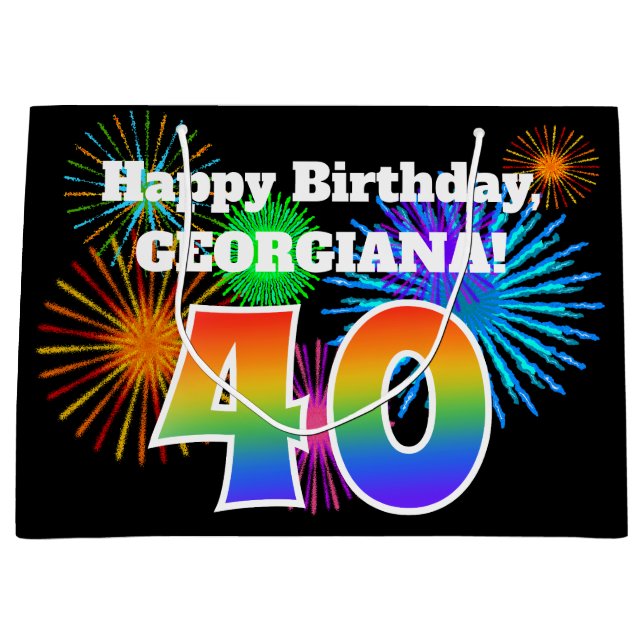 Grand Sac Cadeau Fun Fireworks + Rainbow Motif "40" Anniversaire # (Devant)