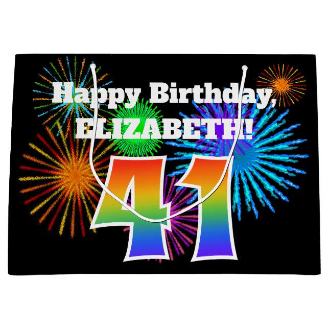 Grand Sac Cadeau Fun Fireworks + Rainbow Motif "41" Anniversaire # (Devant)