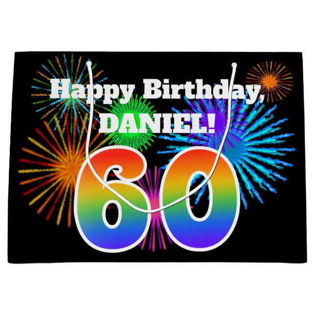 Grand Sac Cadeau Fun Fireworks + Rainbow Motif "60" Anniversaire # (Devant)