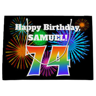 Grand Sac Cadeau Fun Fireworks + Rainbow Motif "74" Anniversaire #
