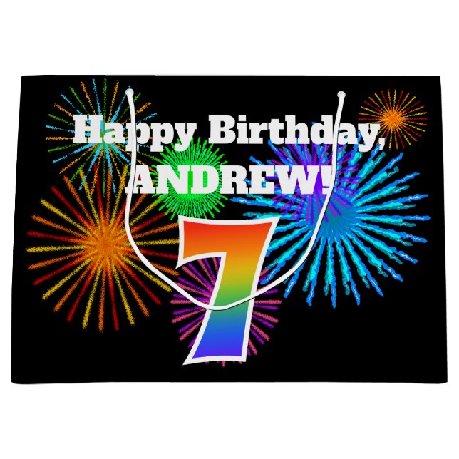 Grand Sac Cadeau Fun Fireworks + Rainbow Motif "7" Anniversaire # (Devant)