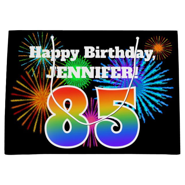 Grand Sac Cadeau Fun Fireworks + Rainbow Motif "85" Anniversaire # (Devant)