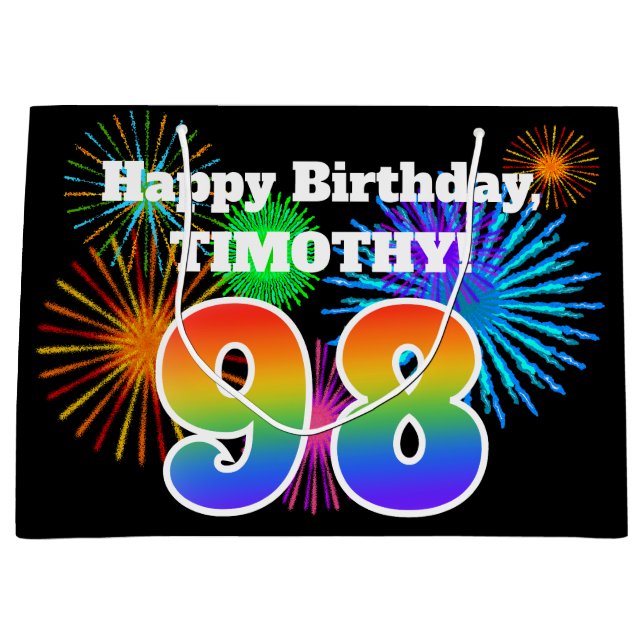 Grand Sac Cadeau Fun Fireworks + Rainbow Motif "98" Anniversaire # (Devant)