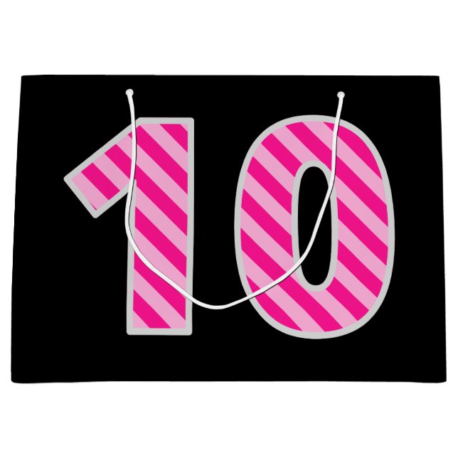 Grand Sac Cadeau Fun rose rayé "10"; Joyeux 10e anniversaire; Nom (Devant)