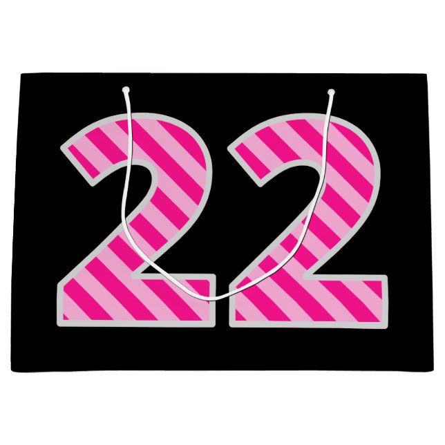 Grand Sac Cadeau Fun rose rayé "22"; Joyeux 22e anniversaire; Nom (Devant)