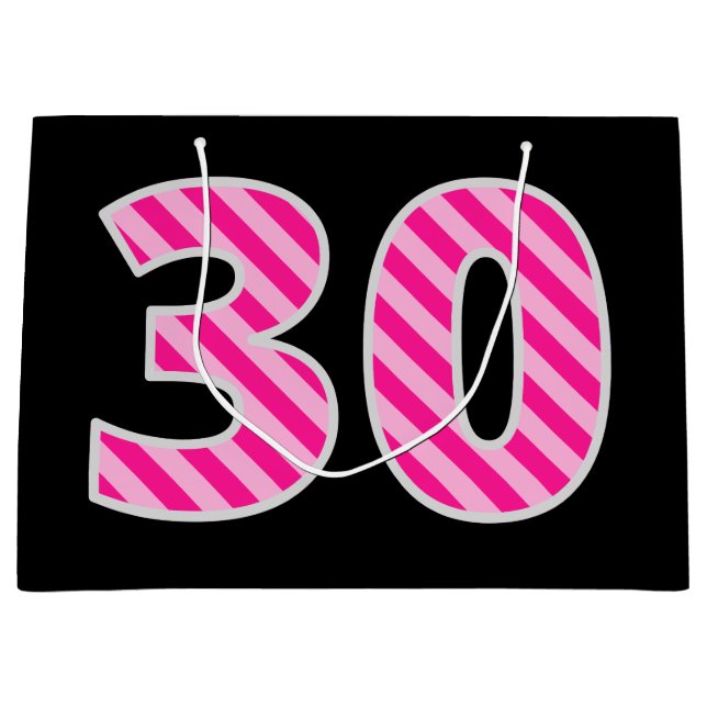 Grand Sac Cadeau Fun rose rayé "30"; Joyeux 30e anniversaire; Nom (Devant)