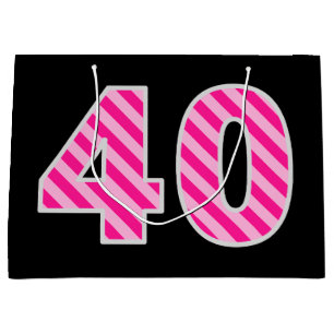 Grand Sac Cadeau Fun rose rayé "40"; Joyeux 40e anniversaire; Nom
