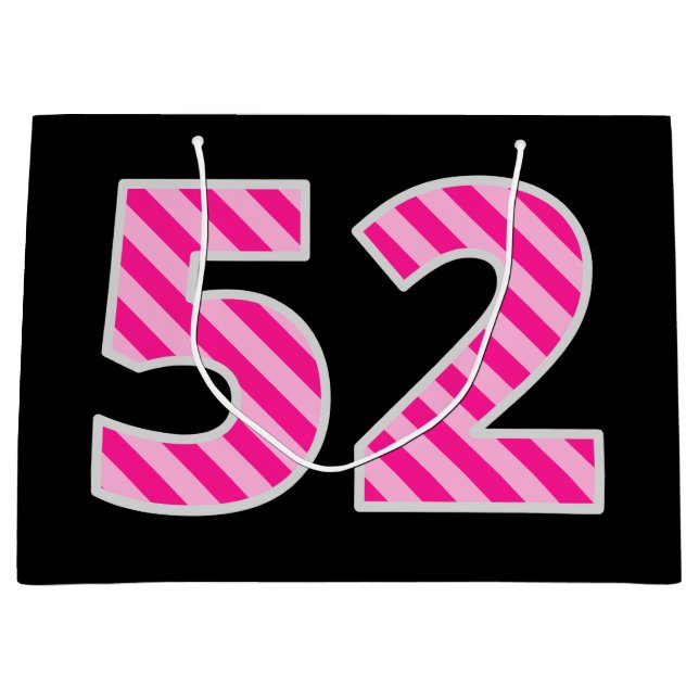 Grand Sac Cadeau Fun rose rayé "52"; Joyeux 52e anniversaire; Nom (Devant)