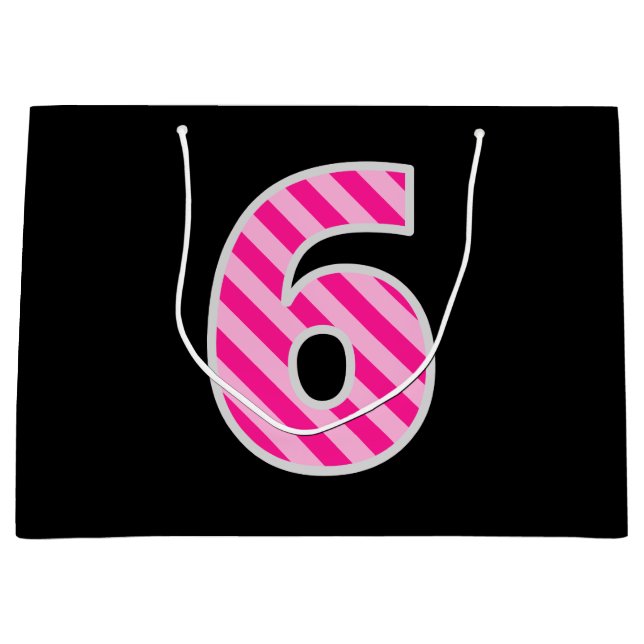 Grand Sac Cadeau Fun rose rayé "6"; Joyeux 6e anniversaire; Nom (Devant)