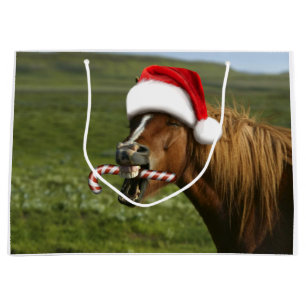 Grand Sac Cadeau Funny Christmas horse with Santa a smiling