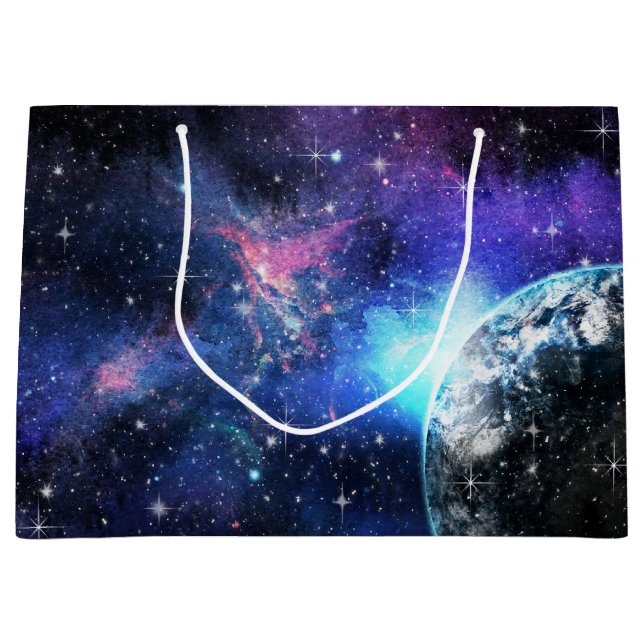 Grand Sac Cadeau Galaxie, Univers, Étoiles, Motif cadeau spatial (Devant)