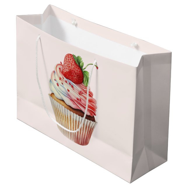 Grand Sac Cadeau Gâteau Cupcake Sucré aux Fraises (Devant Angle)
