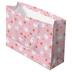 Grand Sac Cadeau Ghost mignon et Citrouille Motif d'Halloween rose