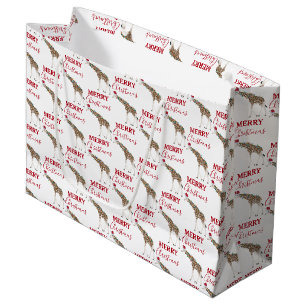 Grand Sac Cadeau Giraffe de Noël animal drôle avec chapeau de Noël