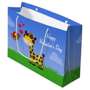 Grand Sac Cadeau Giraffe et papillon Saint-Valentin