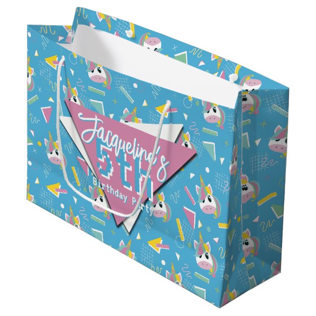 Grand Sac Cadeau Girls Retro Blue Unicorn Anniversaire (Devant Angle)
