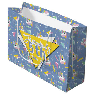 Grand Sac Cadeau Girls Retro Purple Unicorn Anniversaire