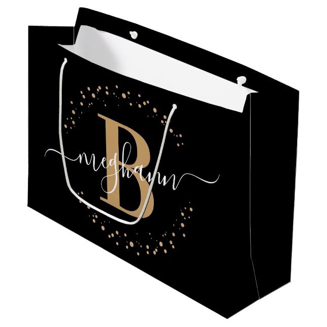 Grand Sac Cadeau Girly Elegant Black Gold Nom Monogramme Script (Devant Angle)
