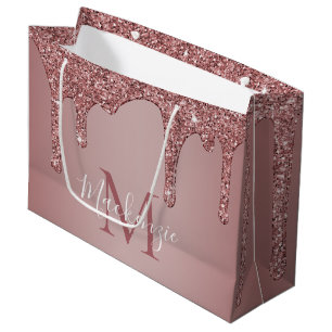Grand Sac Cadeau Girly Rose Gold Sparkle Glitter Drips monogram