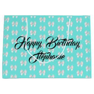 Grand Sac Cadeau Glam Aqua Nom personnalisé Tiffany Thème Bow blanc