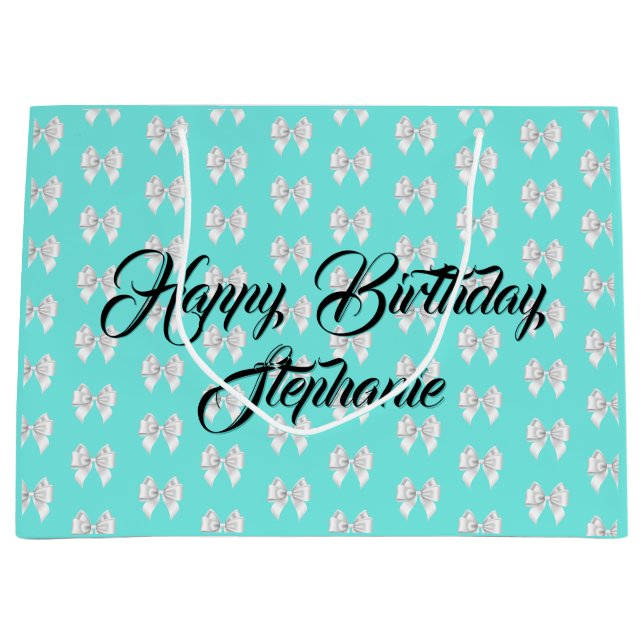 Grand Sac Cadeau Glam Aqua Nom personnalisé Tiffany Thème Bow blanc (Devant)