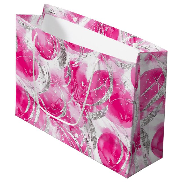 Grand Sac Cadeau Glam en argent rose Cercles Abstraits Anniversaire (Devant Angle)