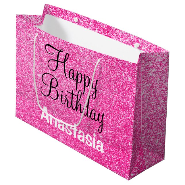 Grand Sac Cadeau Glam Happy Birthday Hot rose Parties scintillant N (Devant Angle)