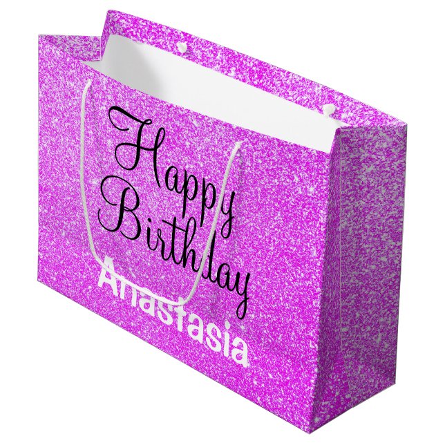Grand Sac Cadeau Glam Happy Birthday Purple Parties scintillant Nom (Devant Angle)