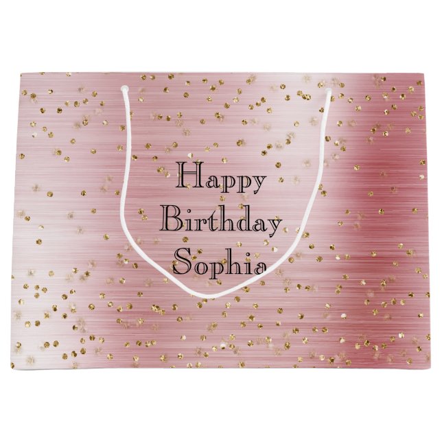 Grand Sac Cadeau Glam rose pâle or étincelle Confetti Anniversaire (Devant)